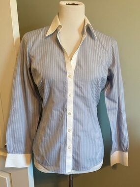 Brooks Brothers Classic Blue Stripe Contrast-Collar Women’s Dress Shirt 10P EUC